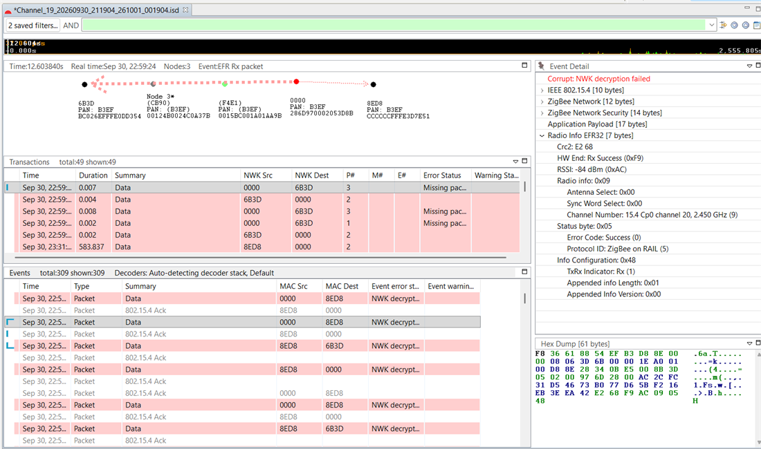 Simplicity Studio Network Analyzer opening a recovered .isd file.