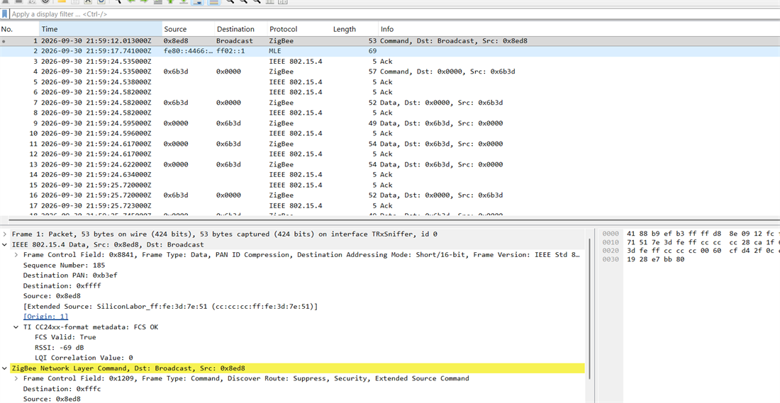 Wireshark opening a recovered PCAP, with RSSI visible in the packet details.